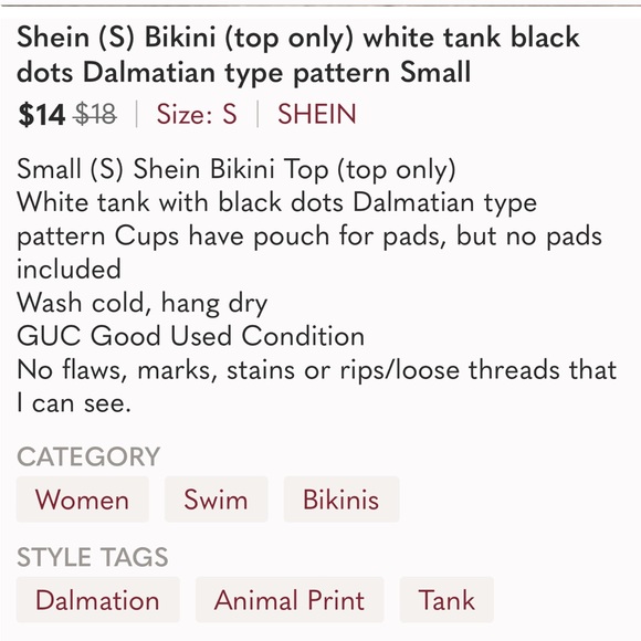3/$30* Shein Small Bikini Top Off-White Tank Black PolkaDot Dalmatian spot look - Picture 4 of 6